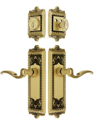 Grandeur Windsor Entry Door Set, Keyed Alike with Bellagio Levers in Antique Brass.